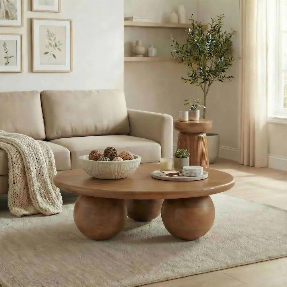FurnitureboxUK Olympus Round Wood Sphere Leg Coffee Table in Walnut