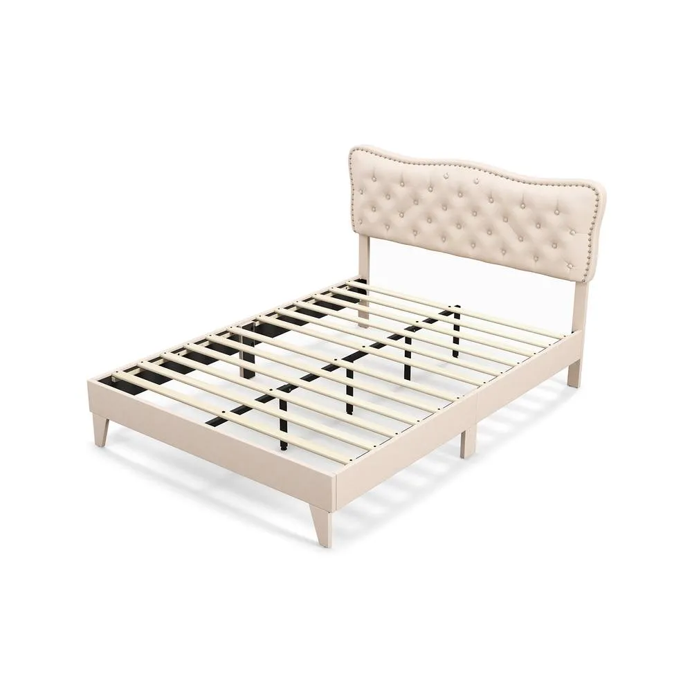 Costway King Size Bed Frame Wooden Slat Bed Platform Upholstered in Beige
