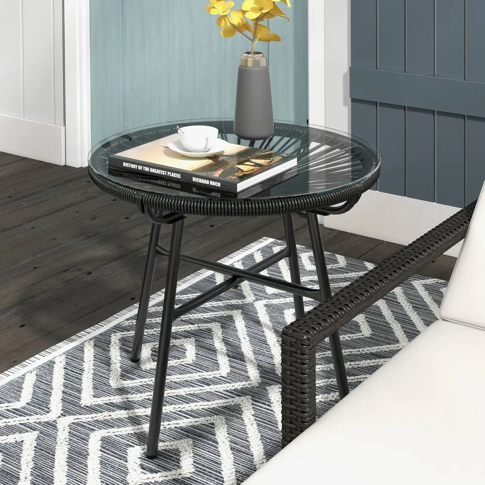 OUTSUNNY Rattan Side Table w/ Tempered Glass Tabletop, Black