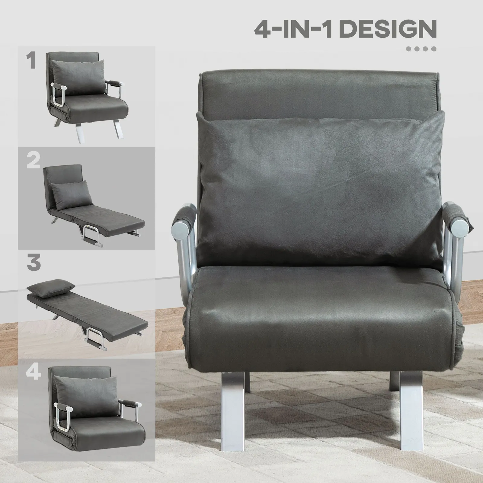HOMCOM Single Folding 5 Position Convertible Sleeper Chair Bed in Dark Grey 6