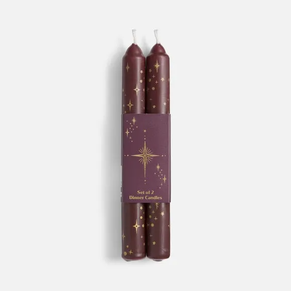 Set of 2 Burgundy & Gold Celestial Taper Candles 3