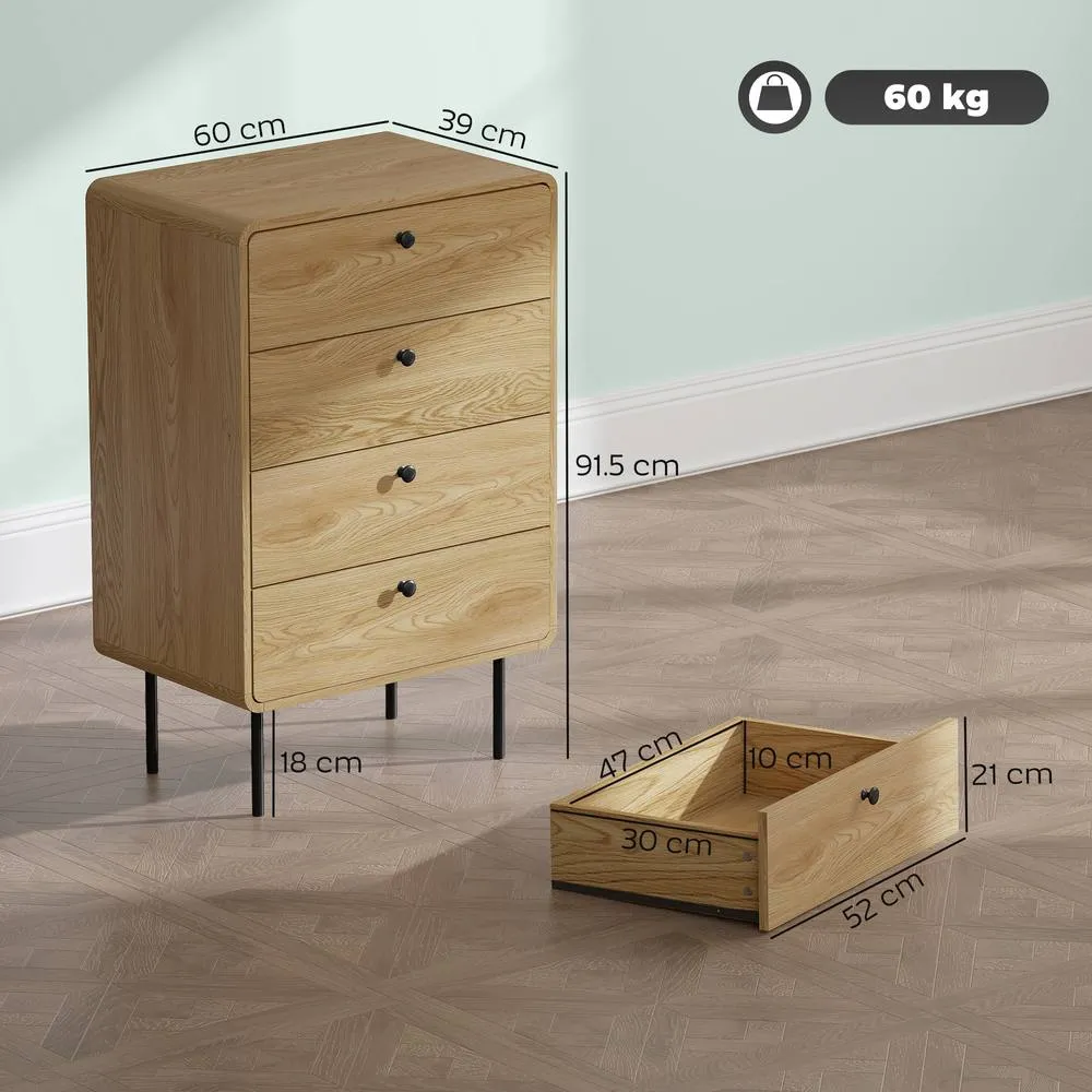 HOMCOM Chest of Drawers with 4 Drawers, Modern Dresser for Bedroom, Oak in Natural 3