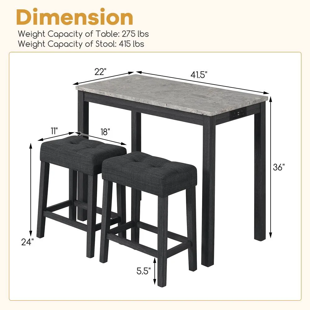 Costway 3PCS Bar Table Set w/ Charging Station Modern Pub Table w/ 2 Stools in Grey 5
