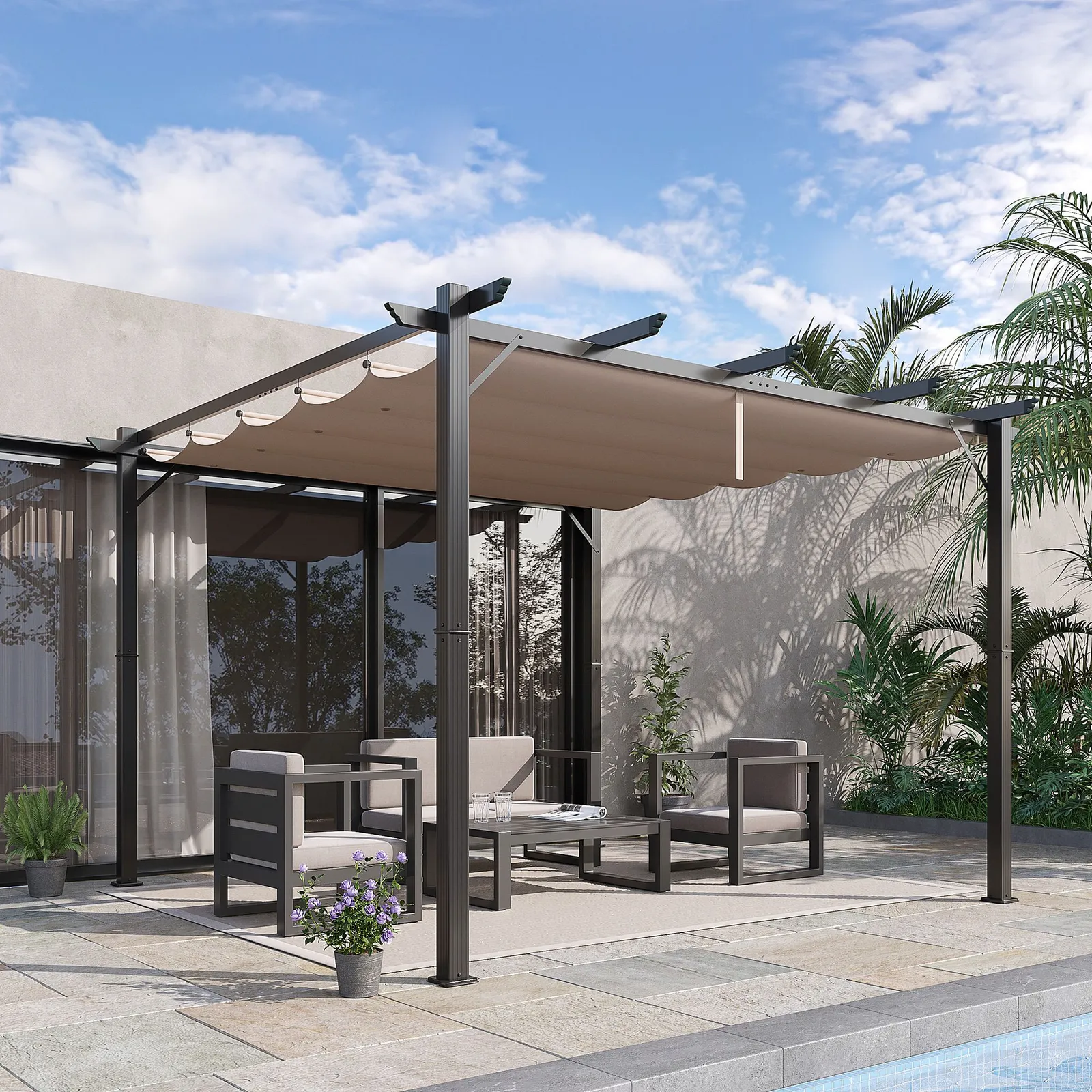OUTSUNNY 3x3(m) Pergola Gazebo Sun Shade Shelter Aluminium Garden Canopy in Brown