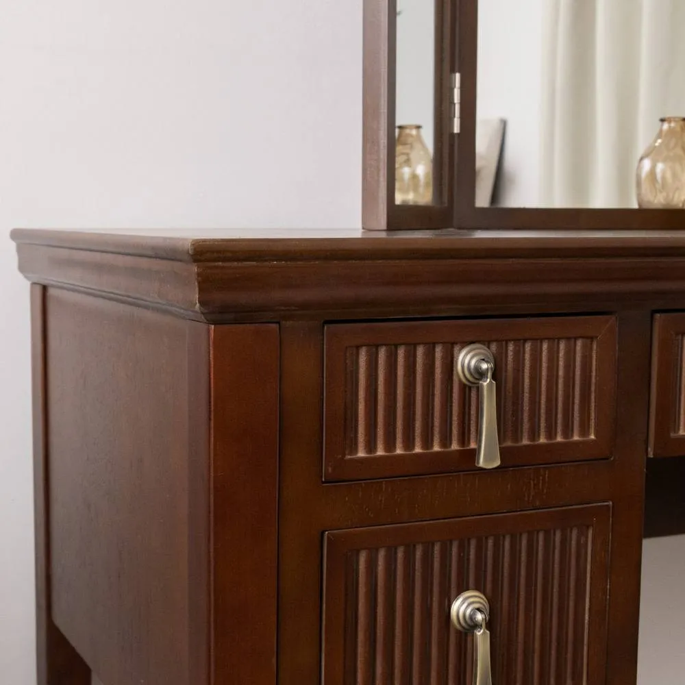 Melody Maison Dark Wood Reeded Dressing Table & Mirror Set - Georgian Range in Dark Brown 4