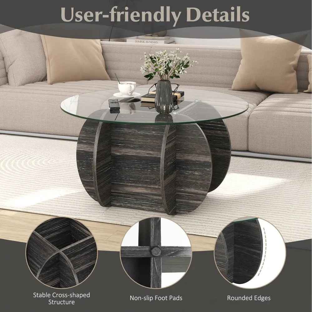 Costway 89cm Round Coffee Table Modern Accent Table-Dark Rustic Oak in Dark Grey 6