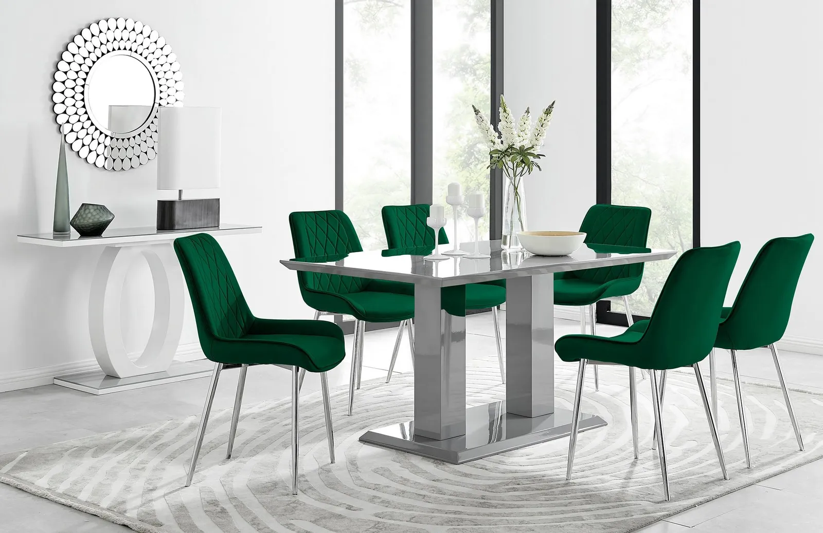 FurnitureboxUK Imperia 6 Grey Dining Table & 6 Pesaro Silver Leg Chairs in Green 1