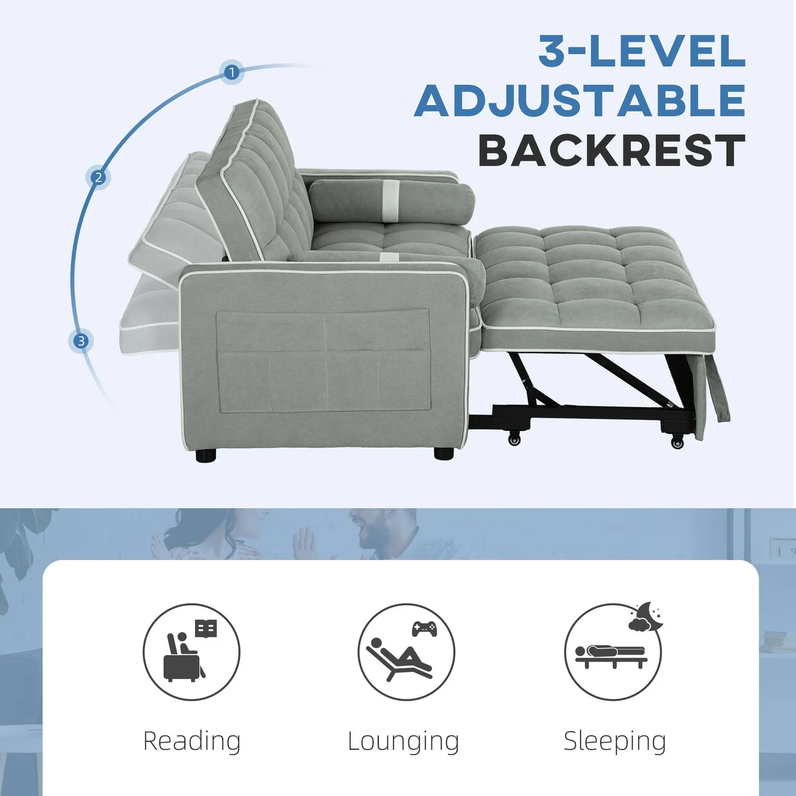 HOMCOM 2 Seater Pull Out Sofa Bed with Adjustable Backrest in Light Grey 5