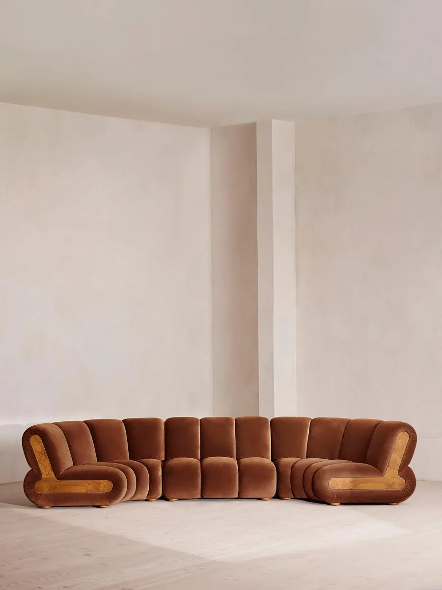 Noelle Modular Curved Sofa, Six Seater, Velvet, Cinnamon