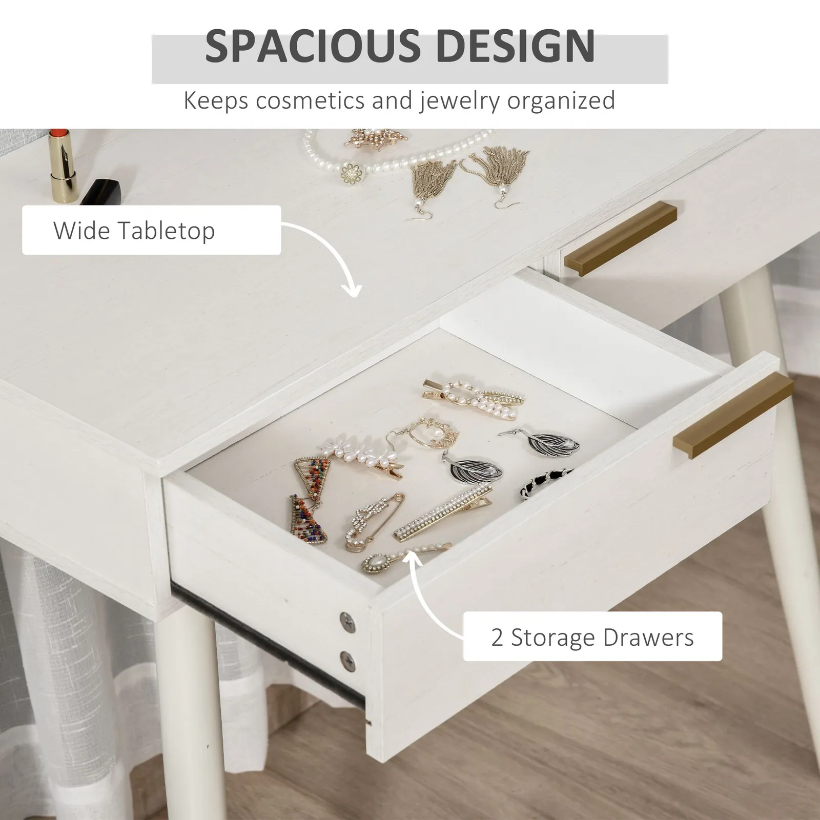 HOMCOM Modern Dressing Table w/ 2 Drawers Round Mirror for Bedroom White 6