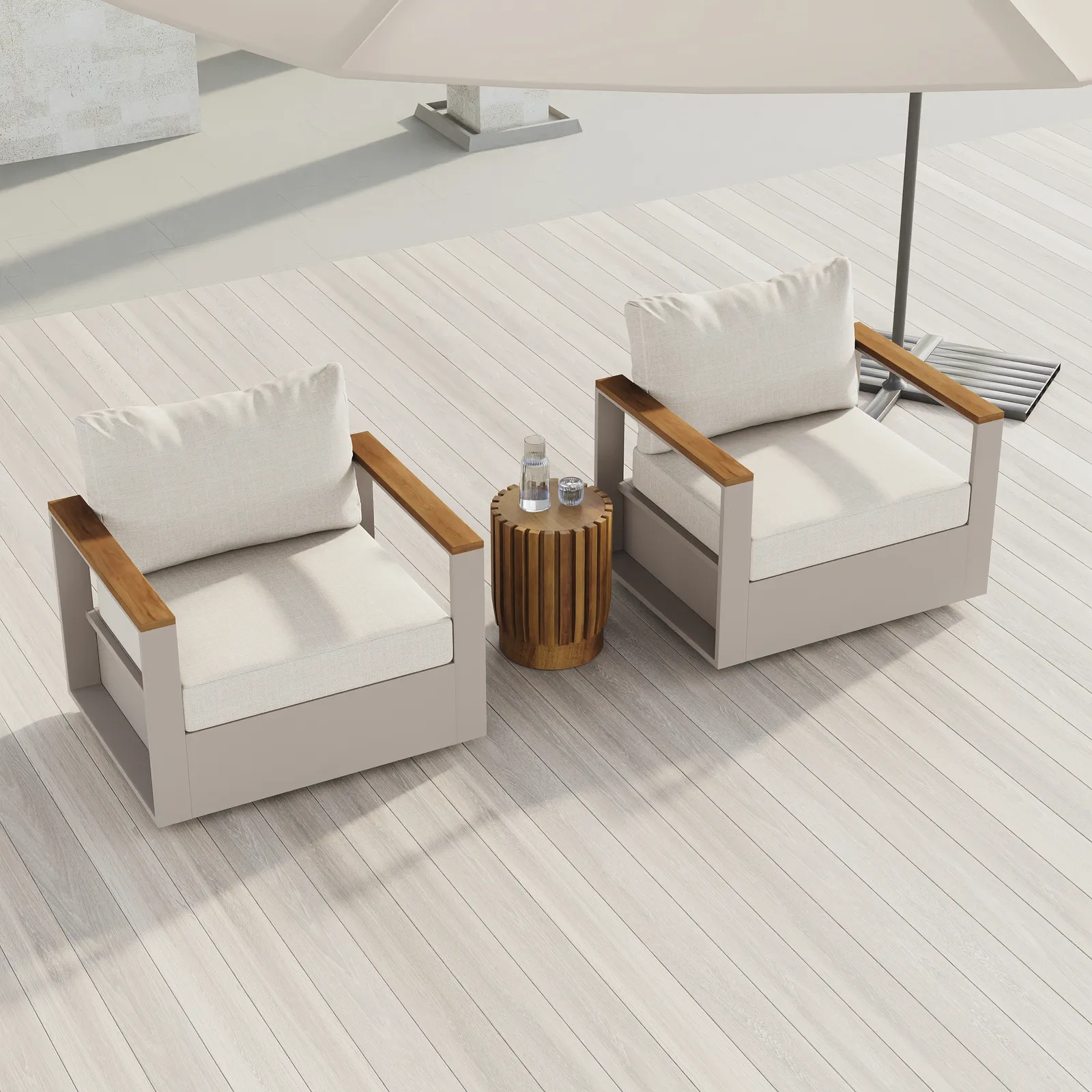 Tevara Teak & Aluminium Garden Swivel Chair Modern Yard & Patio Furniture in Warm White Cushion Included Set of 2