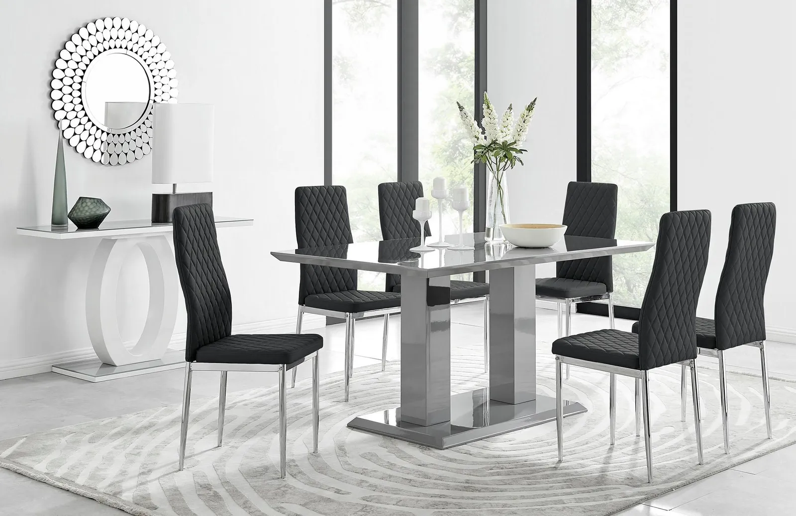 FurnitureboxUK Imperia Grey Modern High Gloss Dining Table & 6 Milan Dining Chairs Set in Black 1