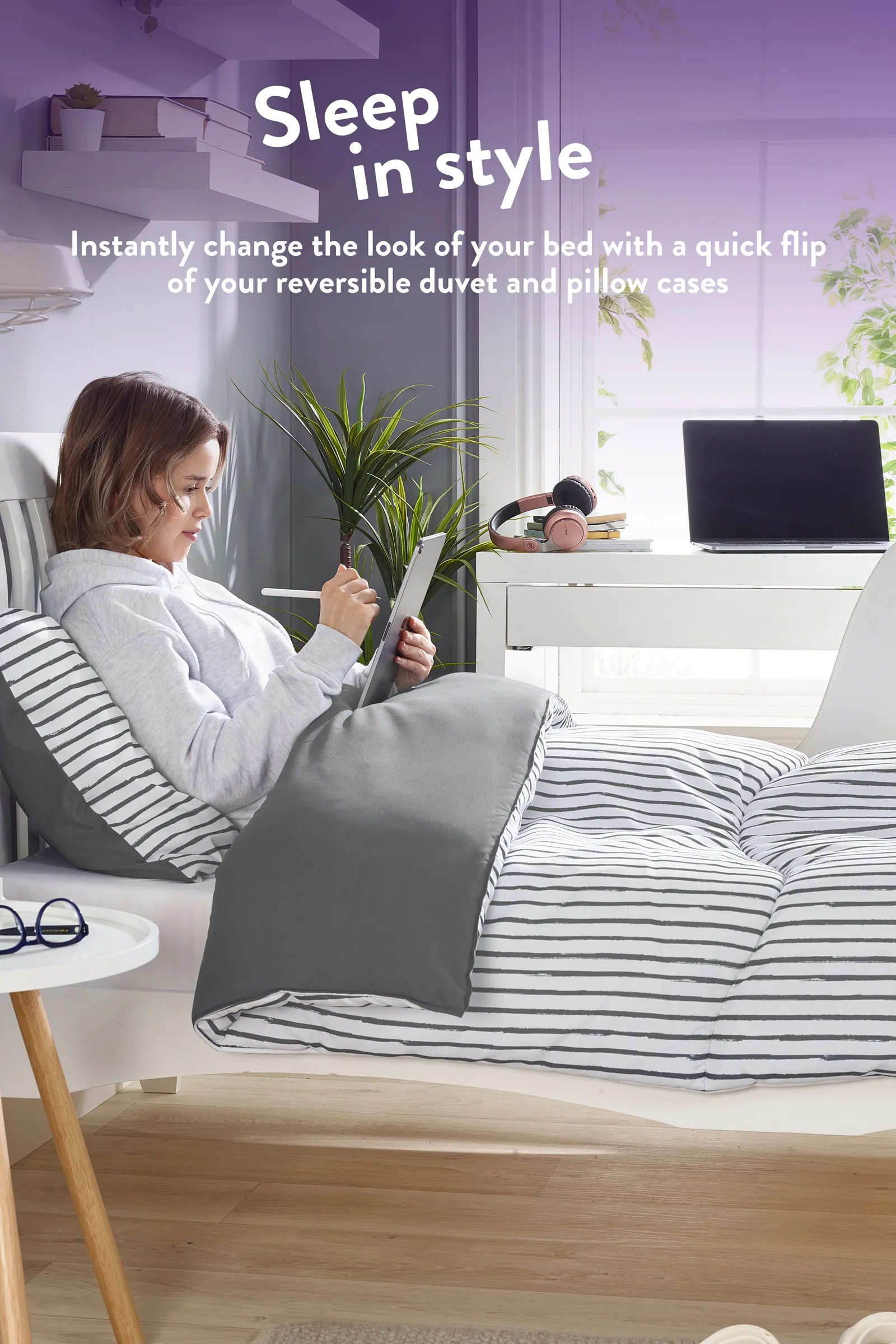 Slumberdown Back to Uni Printed Stripe Grey 10.5 Duvet, 2 Medium Pillows 5