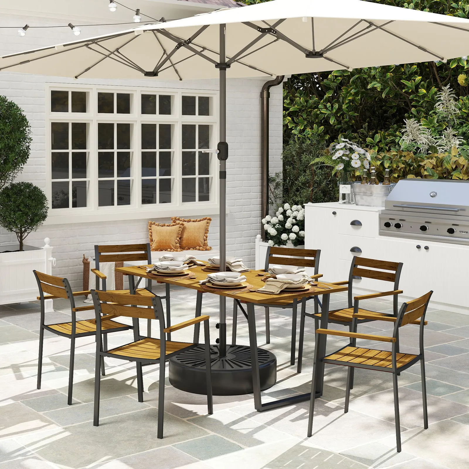 OUTSUNNY 7 Piece Garden Dining Set with Table & 6 Stackable Chairs, Brown