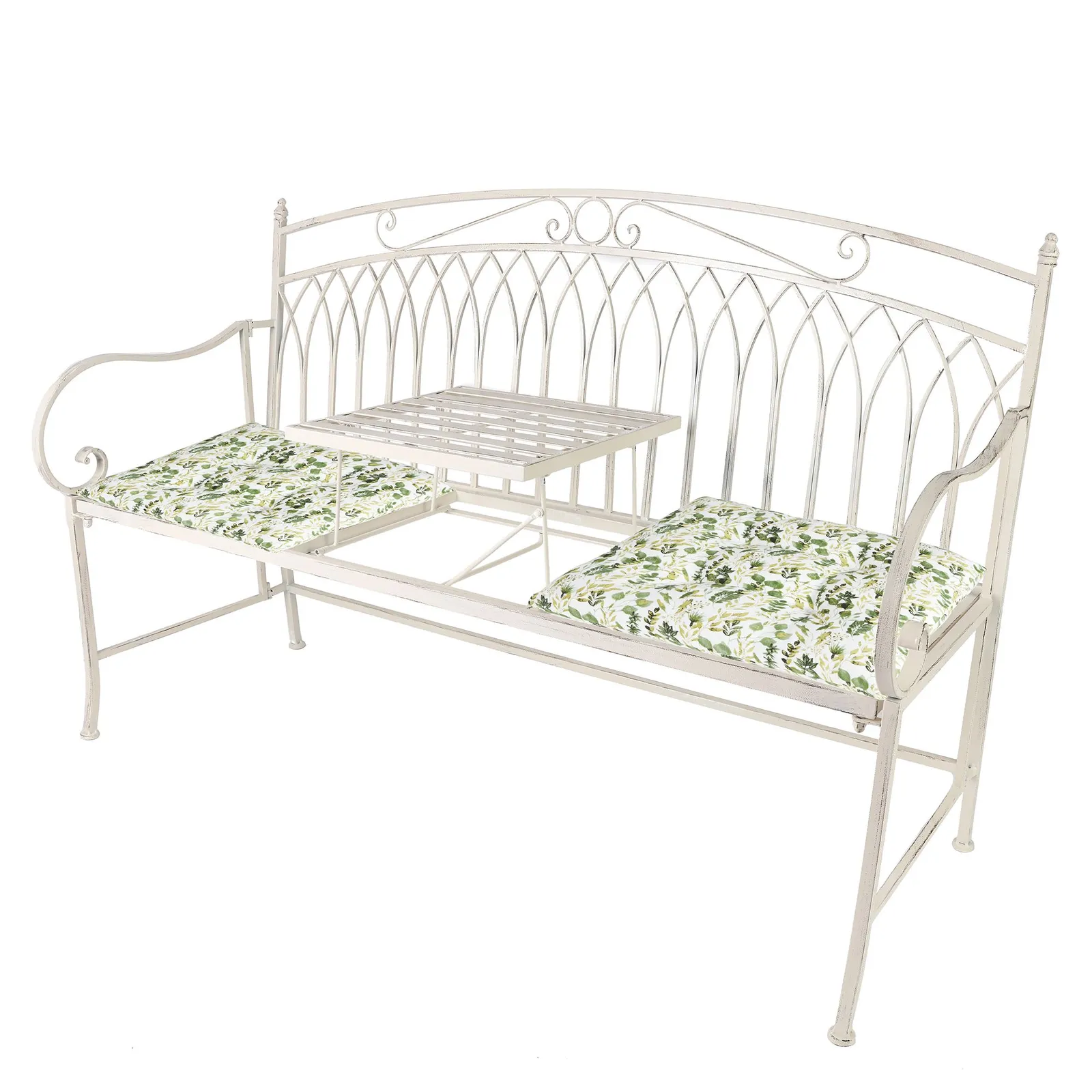 Dibor Vintage Large Cream Arched Outdoor Garden Furniture Companion Seat Garden Bench with Free Set of 2 Green Seat Pad Cushions 2