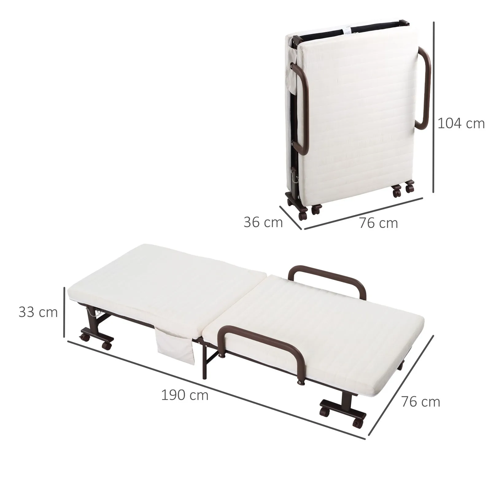 HOMCOM Folding Bed with Mattress Guest Bed with Adjustable Backrest & Wheels in White 3