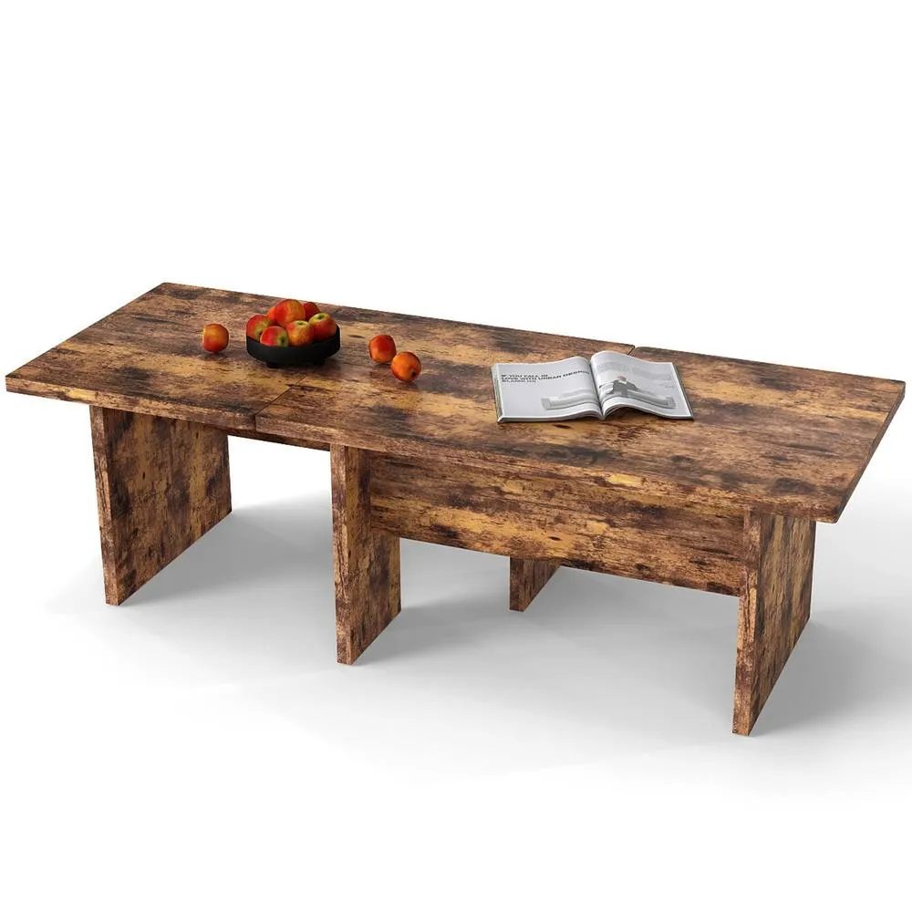 Costway 2PCS Modular Coffee Table Industrial Center Tables Wooden Side Table in Walnut