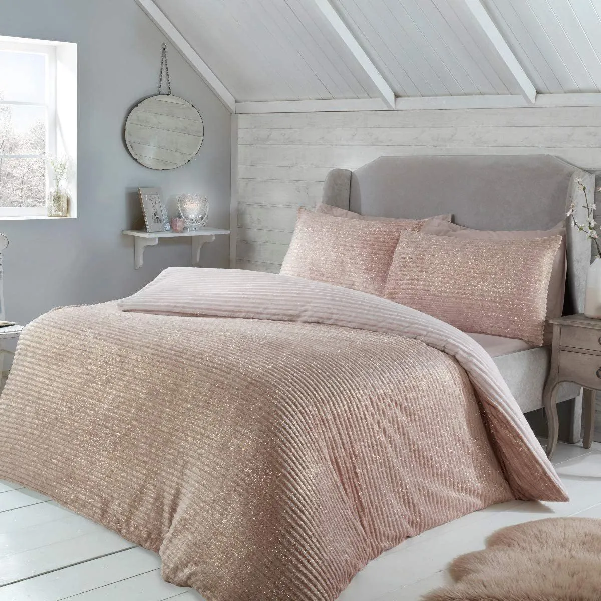 Smart Living Luxurious Reversible Sparkle Ribbed Fleece Duvet Cover with Pillowcases in Pink