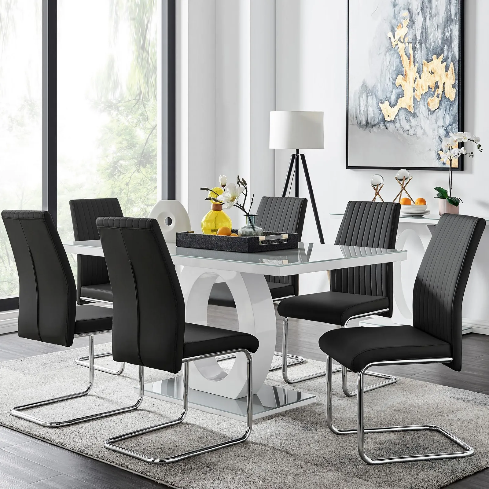 FurnitureboxUK Giovani 6-Seater Grey Glass Dining Table & 6 Lorenzo Faux Leather Dining Chairs in Black