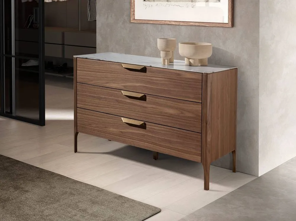 Angel Cerda Walnut-veneer 3-drawer chest with marble-effect glass in Brown 3