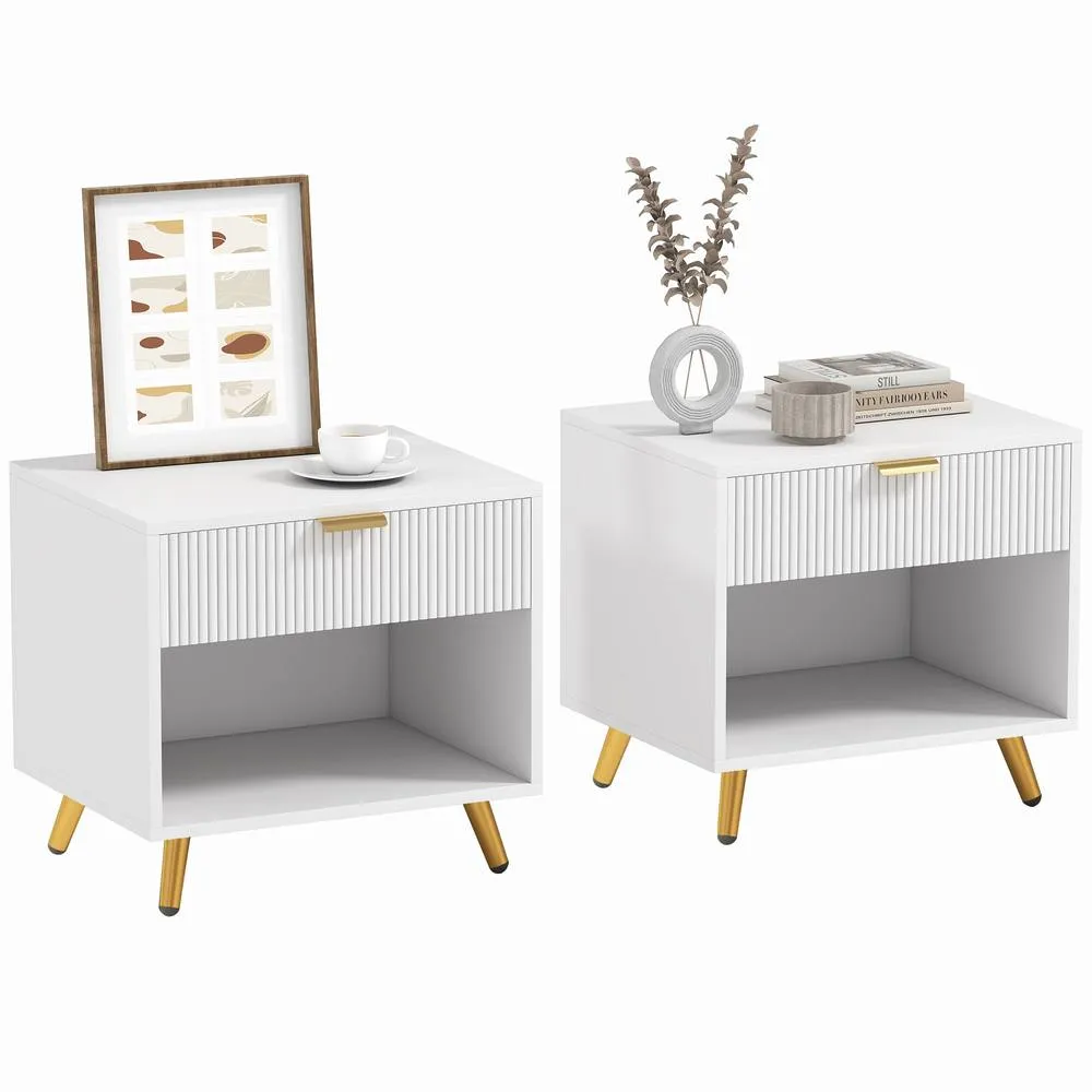 HOMCOM Nightstands Set of 2 with Drawer, Open Compartment & Handle, White 2