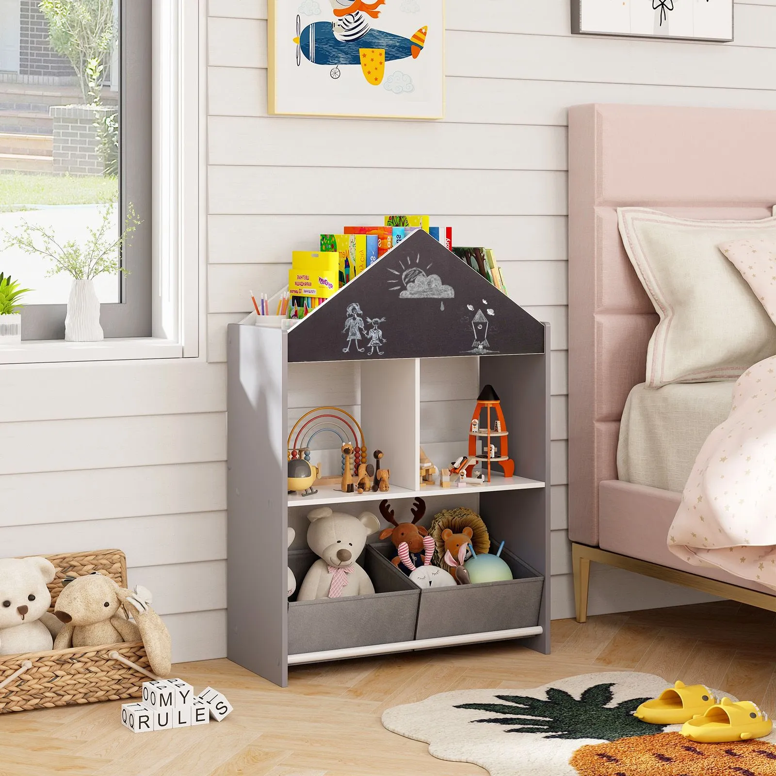 Costway Dollhouse Bookshelf Wooden Toy Storage Organizer with Writable Chalkboard in Grey 3