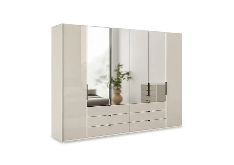 Amara 300cm 6 Door Bifold Combi Wardrobe with 4 Mirror Doors, 2 Glass Doors and 6 Glass Drawers
