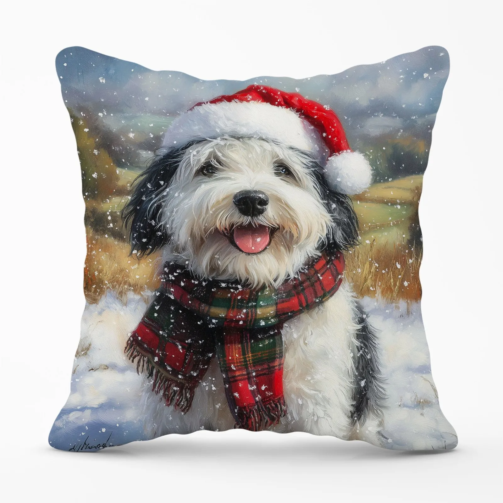 Warren Reed - Designer Snowy Christmas Old English Sheepdog Cushion in Grey