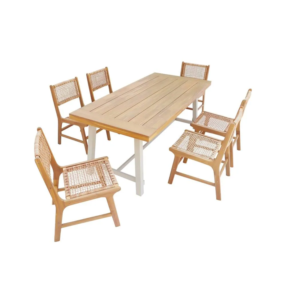 sweeek Indoor/outdoor table in acacia wood & metal + 6 woven resin seats in Beige 2