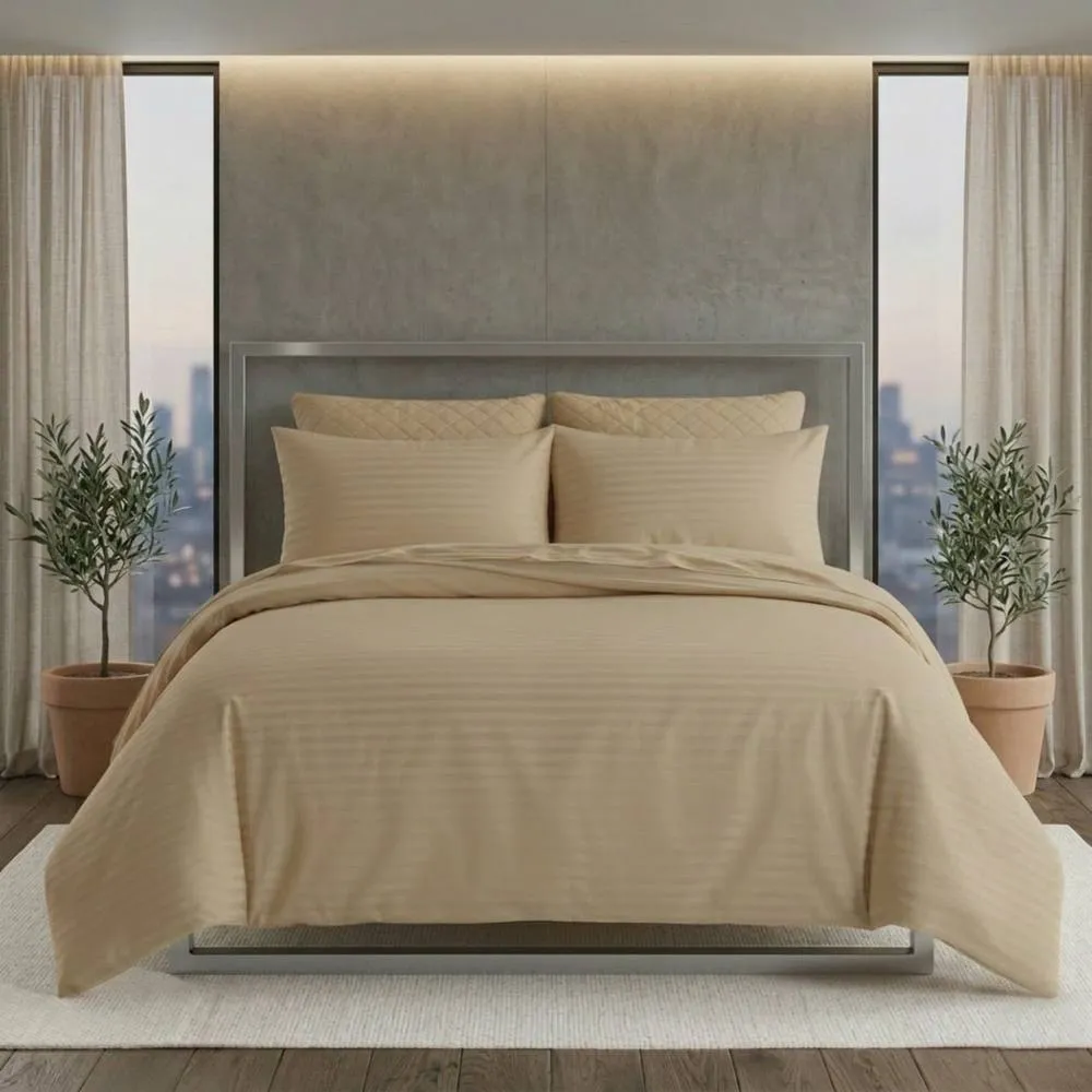 Snug City Luxury Satin Stripe Duvet Cover Set T250 Cotton Rich Soft Bed Linen in Beige