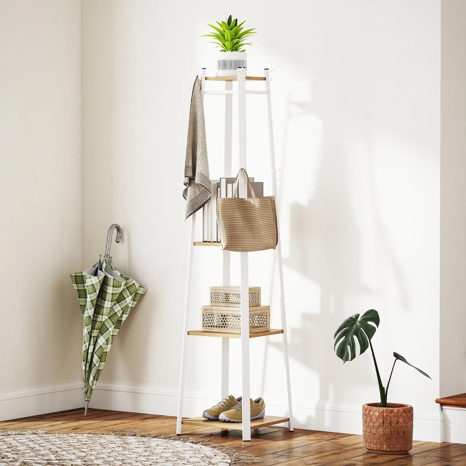 HOMCOM Clothes Rack with Storage, Garment Rack with 8 Hooks & 3-Tier Shelf in Light Oak