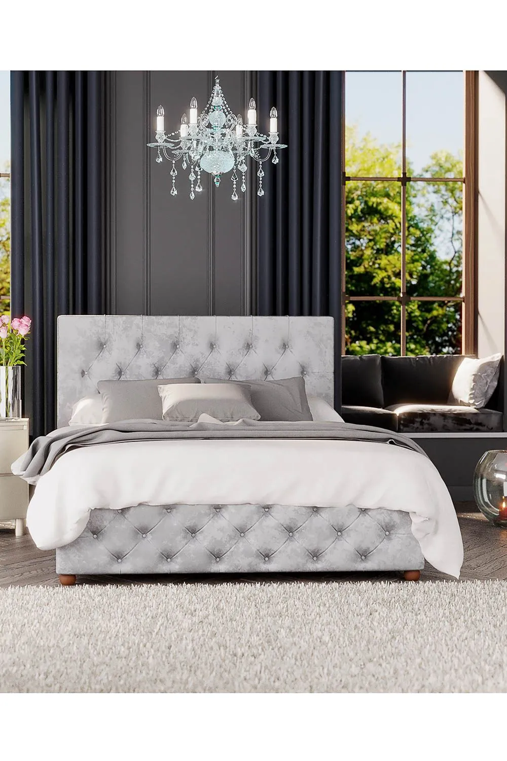 Laurence Llewelyn-Bowen Luna Ottoman Storage Bed in Mirazzi Velvet Fabric, Custom Made in Silver 5