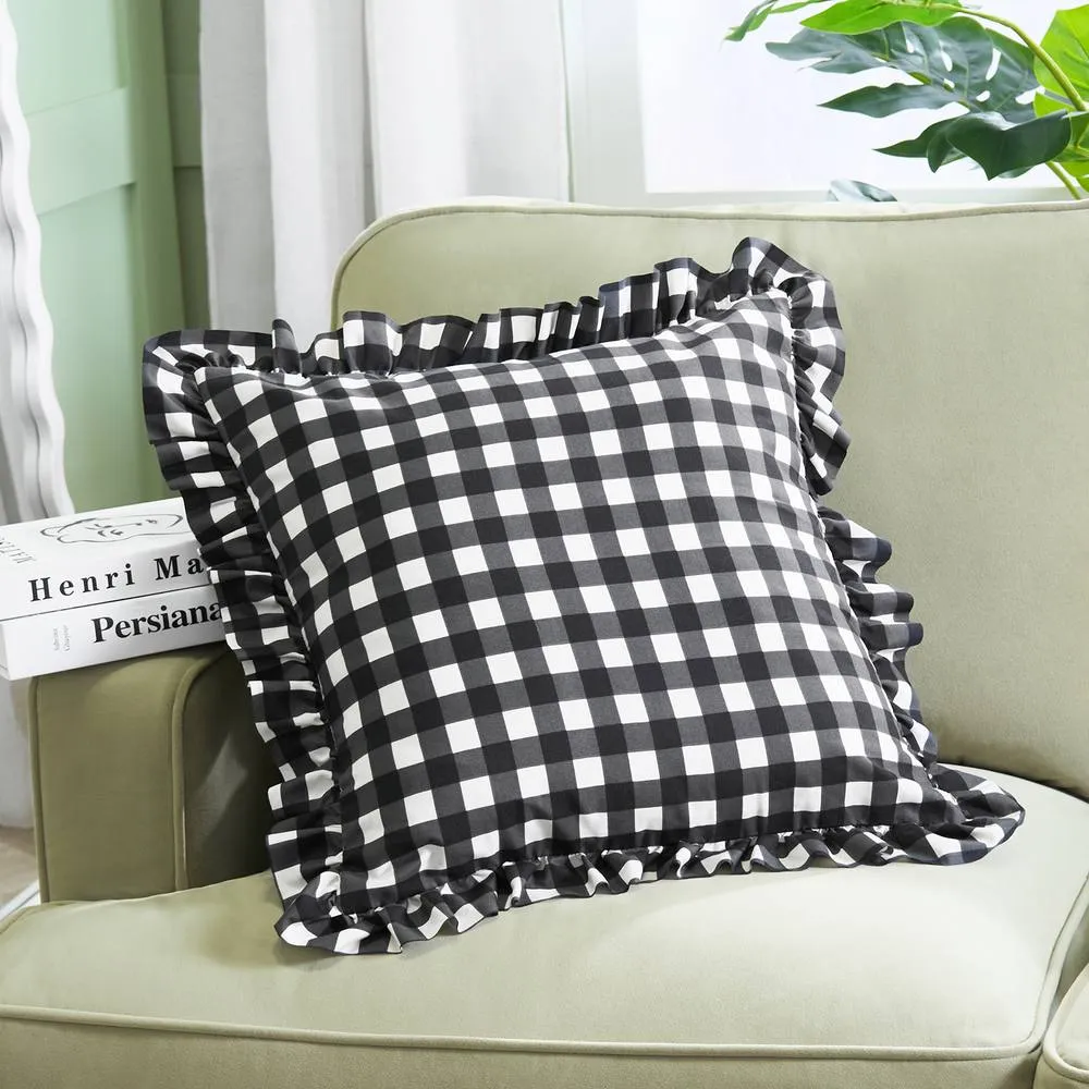 OHS 2 x Gingham Faux Linen Frill Cushion Covers