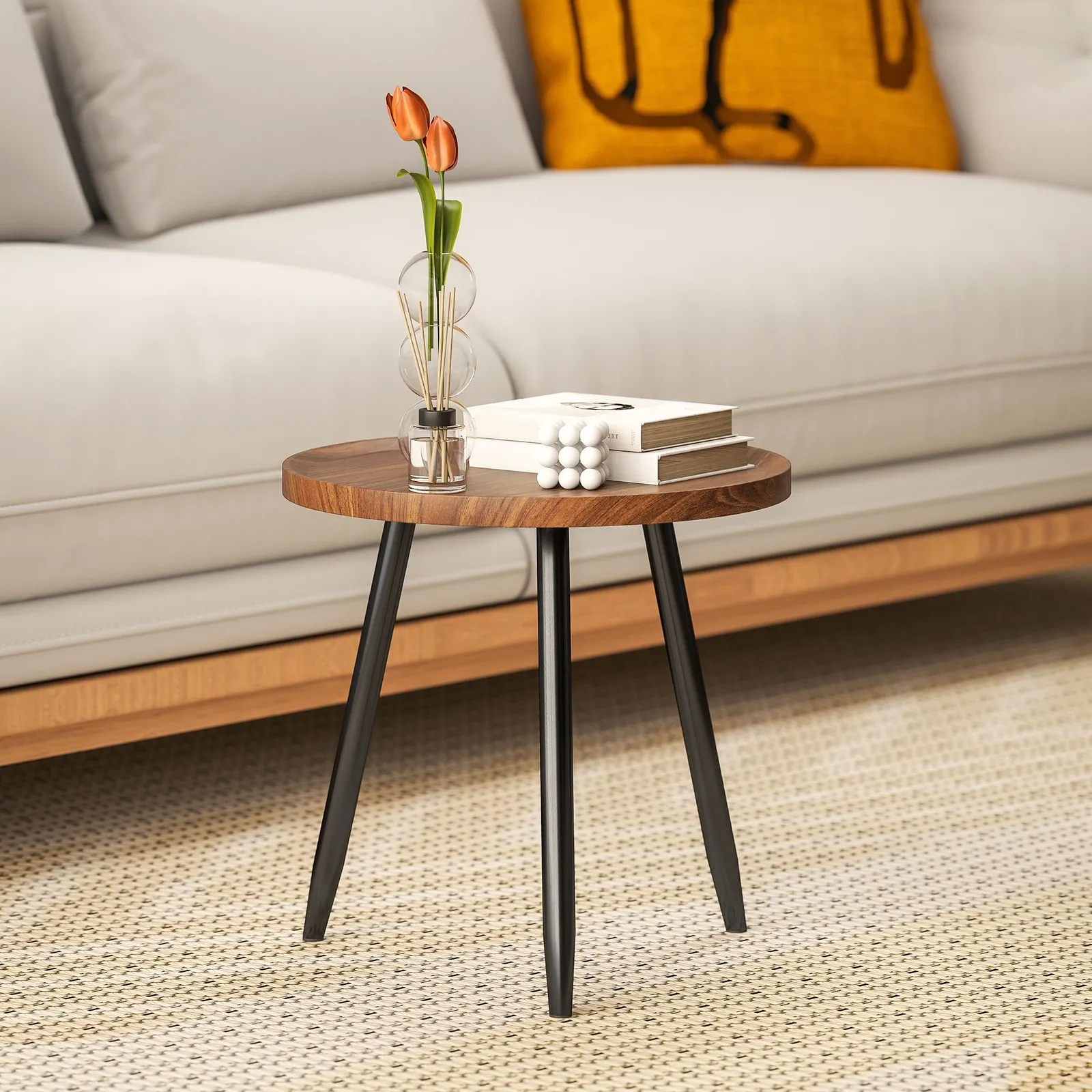 HOMCOM Modern End Side Table, Round Coffee Table, Chestnut Wood Effect in Walnut