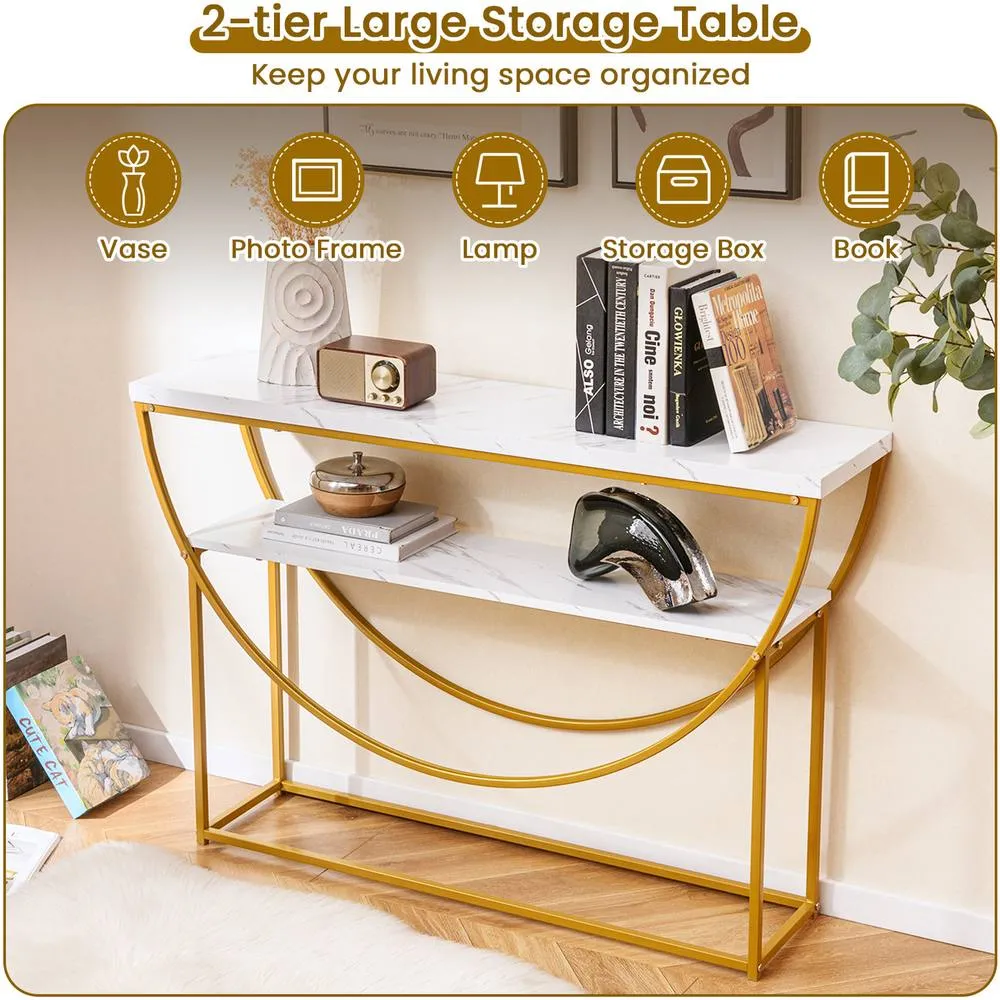 Costway 2-Tier Faux Marble Top Console Table Home Entryway Table-White in White 2
