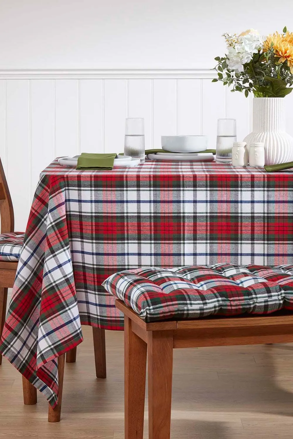 Homescapes Garden Bench Cushion Luxury 2 Seater Cotton Red Tartan Indoor Outdoor Pad 2