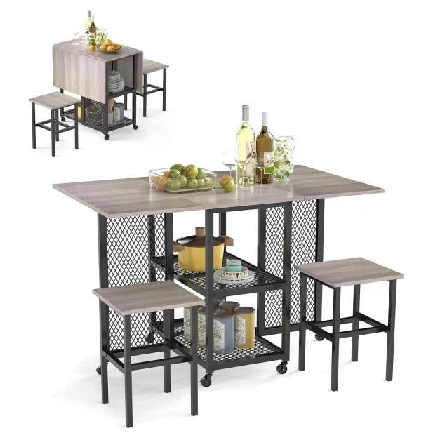 Costway Drop Leaf Bar Table Set 3 Piece Folding Dining Table Set w/2 Stools in Grey