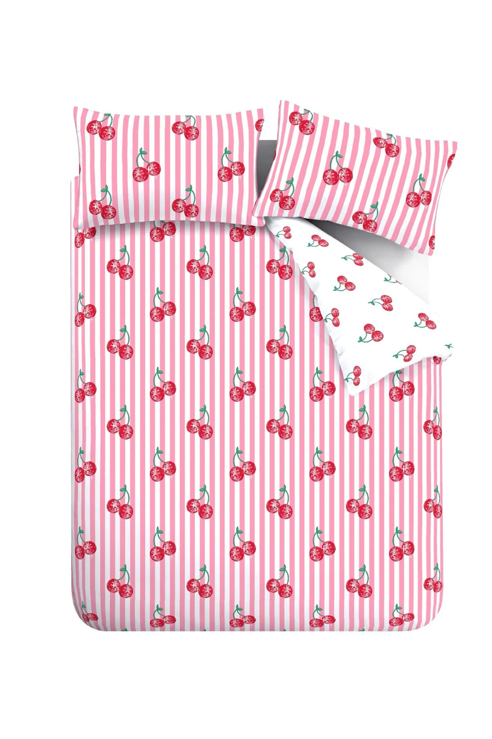 Catherine Lansfield 'Disco Cherries Stripes' Reversible Duvet Cover Set in Pink 5