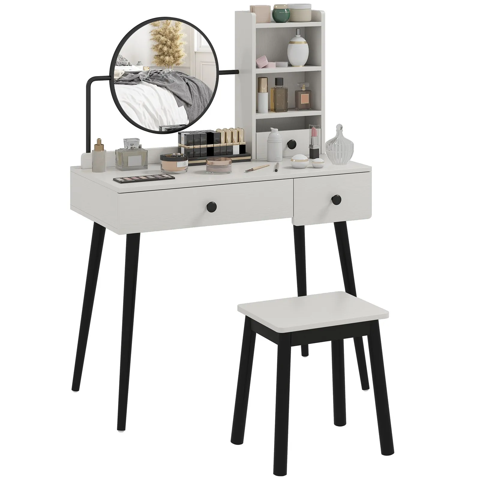 HOMCOM Dressing Table Set with 3 Drawers, Storage shelves & Stool in Grey 2