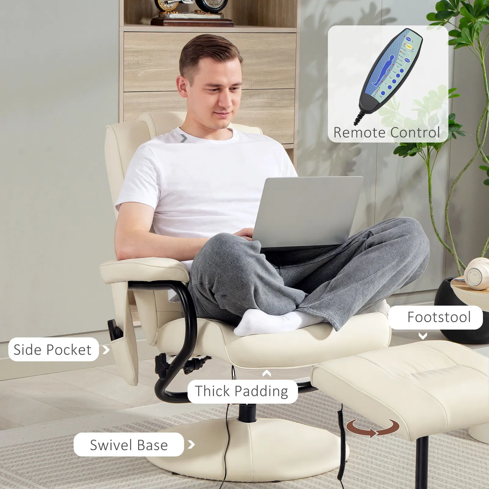 HOMCOM Massage Ottoman Cushioned Recliner Chair 10 Points Vibration Cream 6