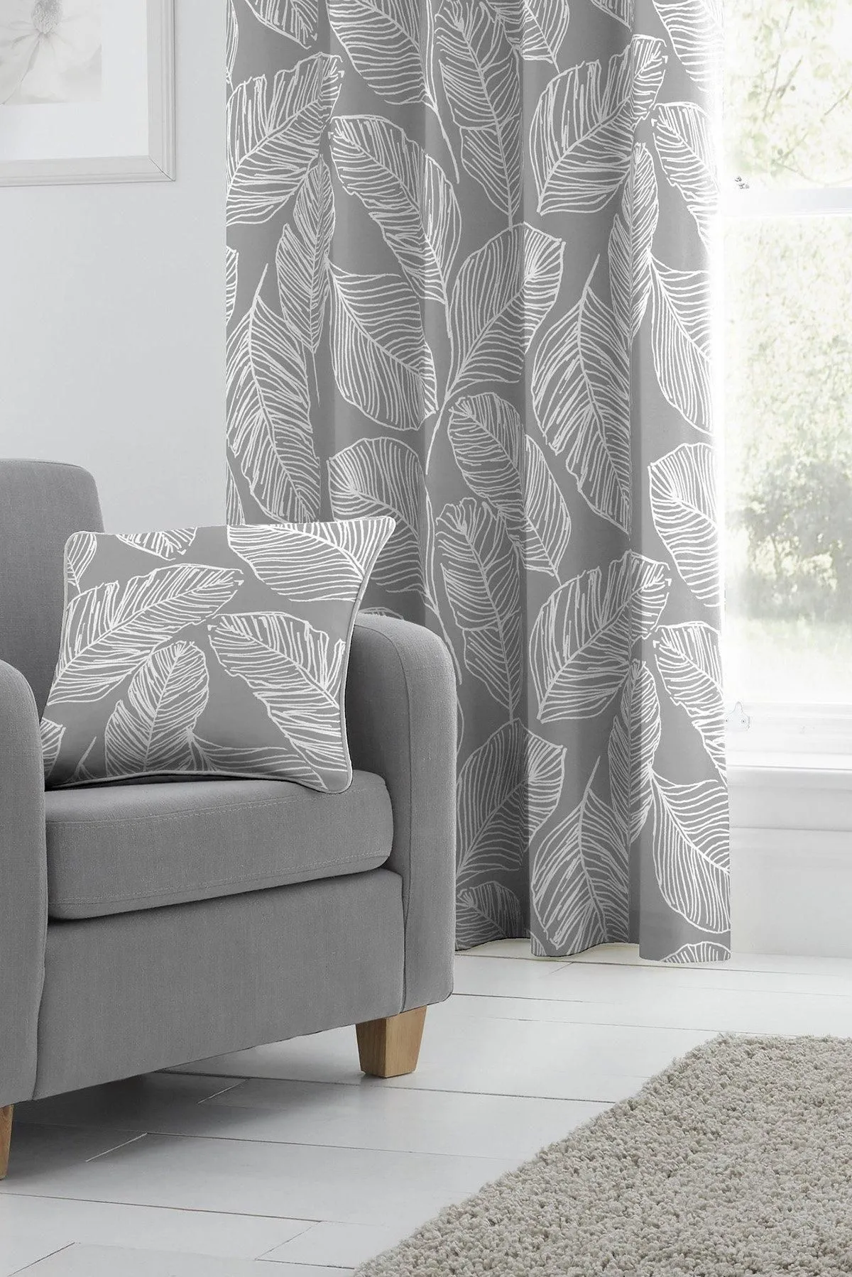 Fusion 'Matteo' Hand Drawn Leaf Print Filled Cushion 100% Cotton in Grey 2