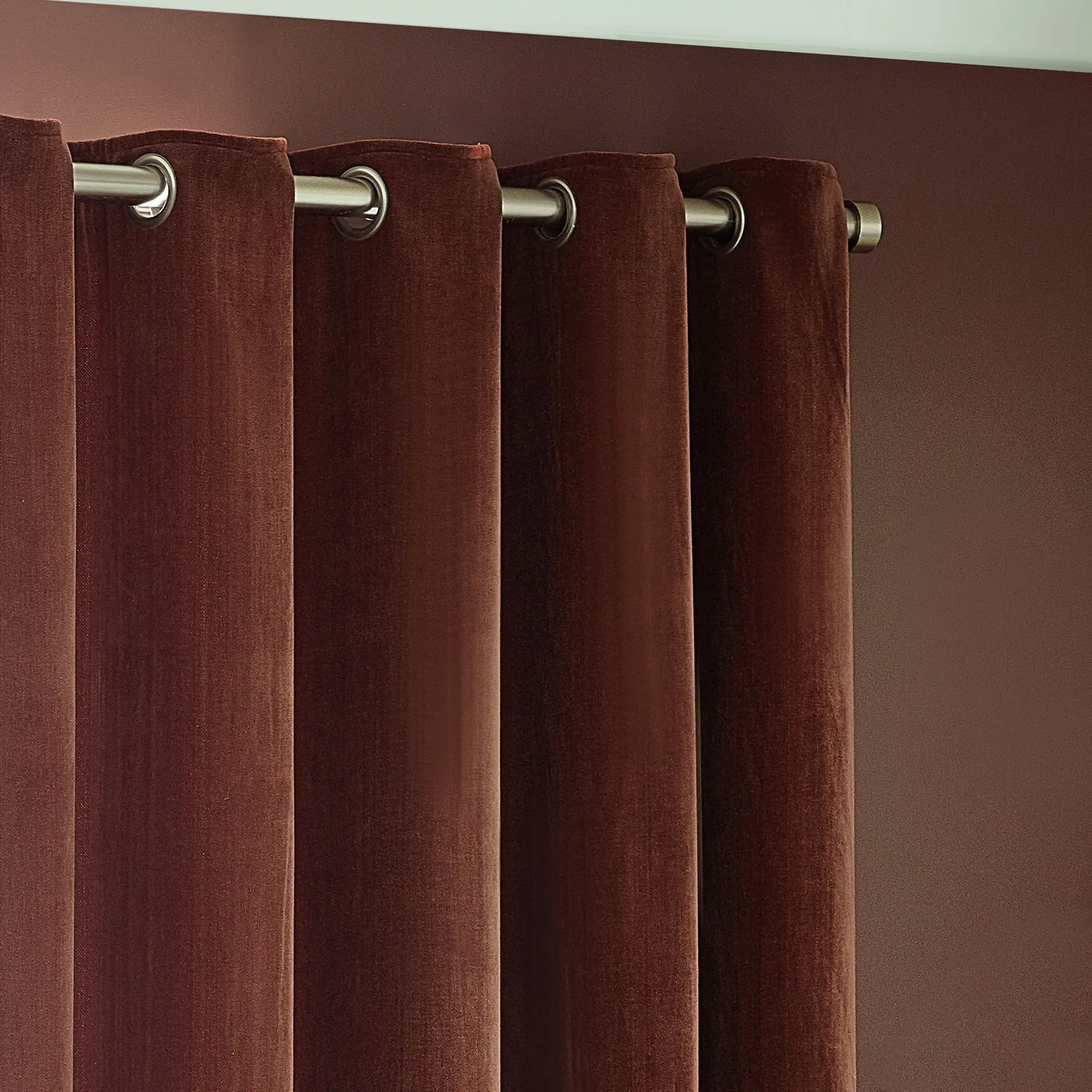 Yard Heavy Chenille Velvet Room Darkening Eyelet Curtain Pair in Light Brown 3