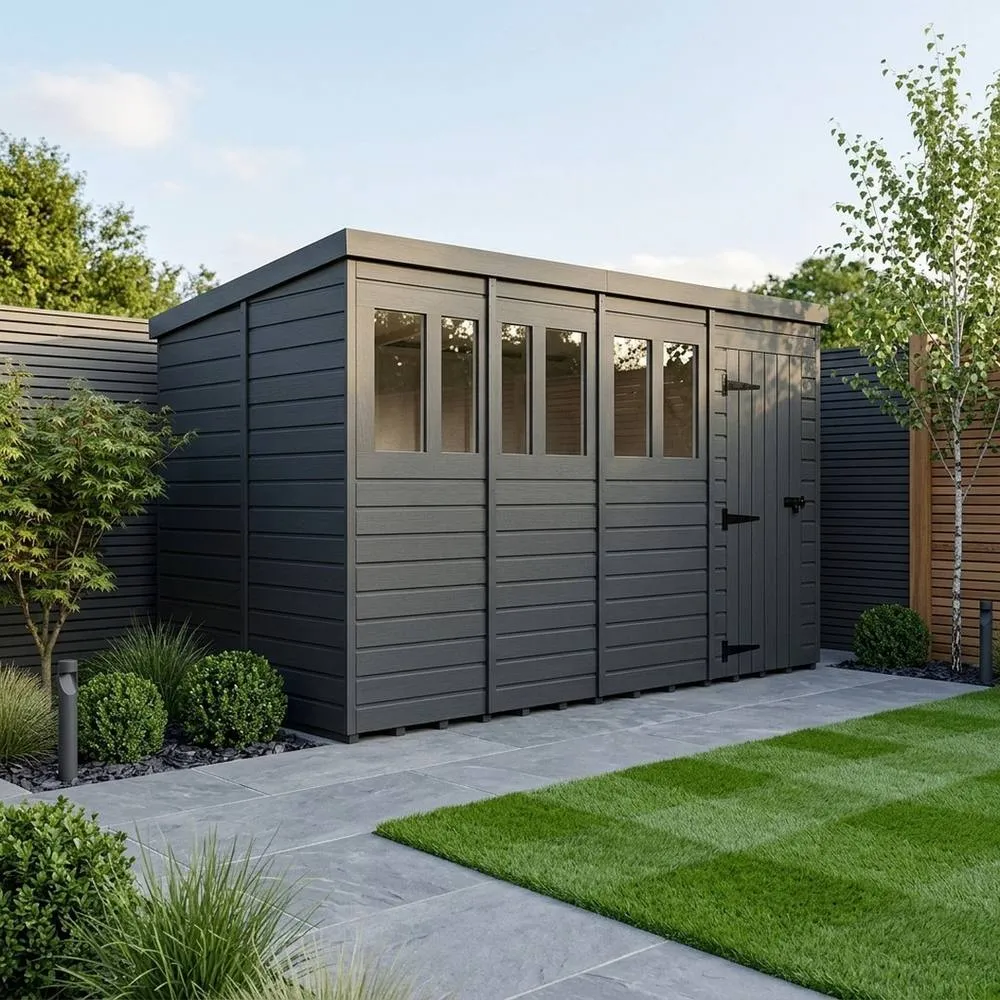 Buttercup Farm 16ft x 9ft Composite Pent Garden Shed Single Door With Windows in Grey 2