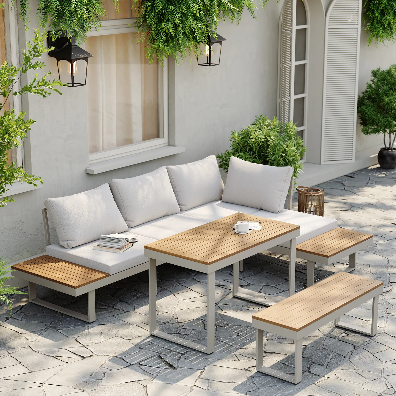 4 PCS Modular Outdoor  Acacia Sectional Sofa Set with Cushion and Side Table, 4 PCS Versatile L-Shaped Modular Sectional Sofa Set for Patio&Yard