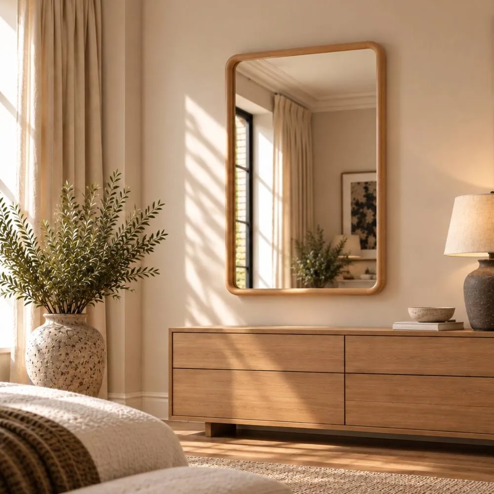 Yearn Mirrors Oak Framed Curved Wall Mirror 90x60cm in Natural 3