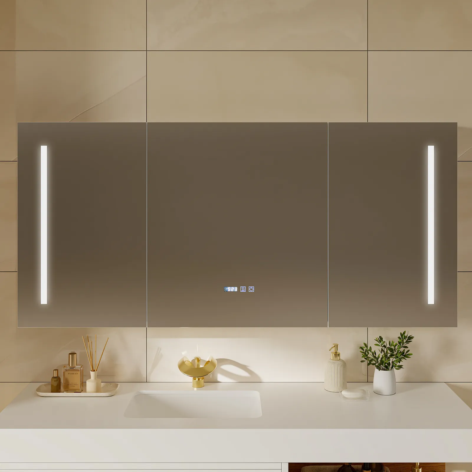 150cm LED Bathroom Medicine Cabinet with Anti-Fog, Dimmable Tri-Color Lighting