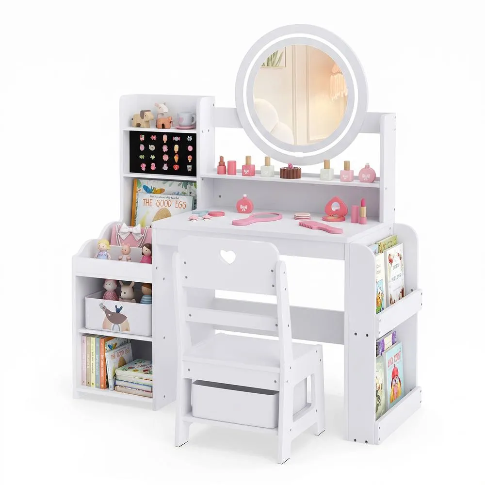 Costway Princess Pretend Play Dressing Table & Chair Set with Open Storage in White