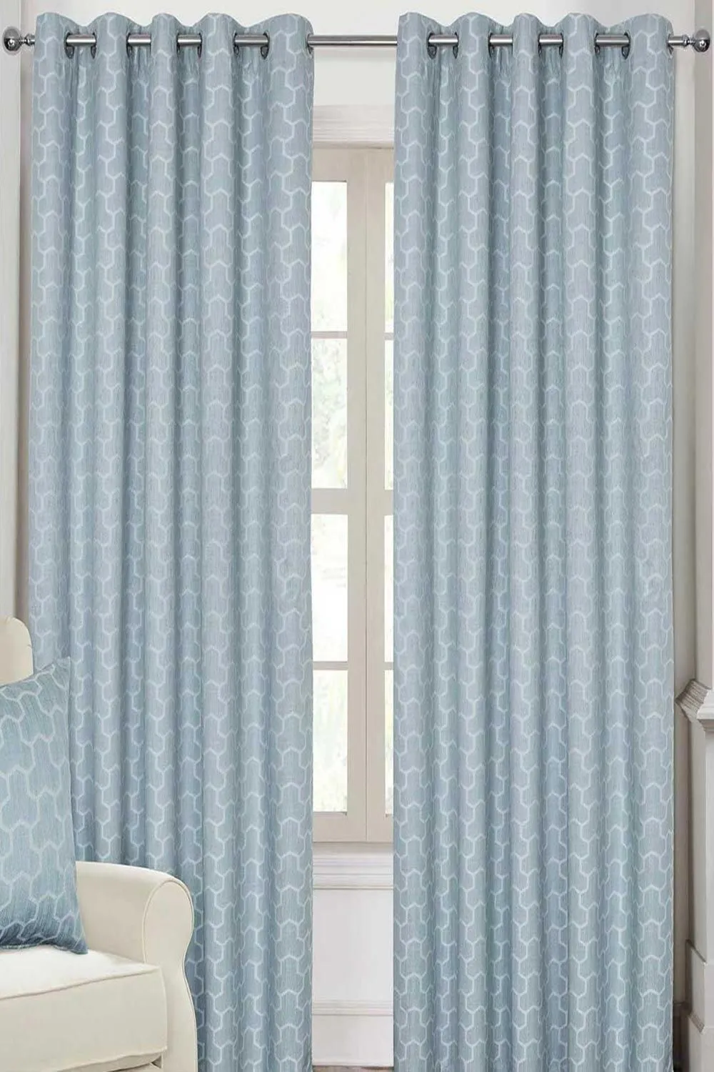Homescapes Geometric Jacquard Blackout Eyelet Curtain Pair in Blue 1