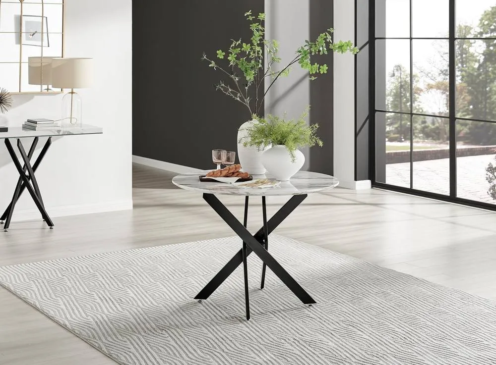 FurnitureboxUK Novara White Marble Black Leg Round Dining Table & 4 Pesaro Chairs in Blue 2