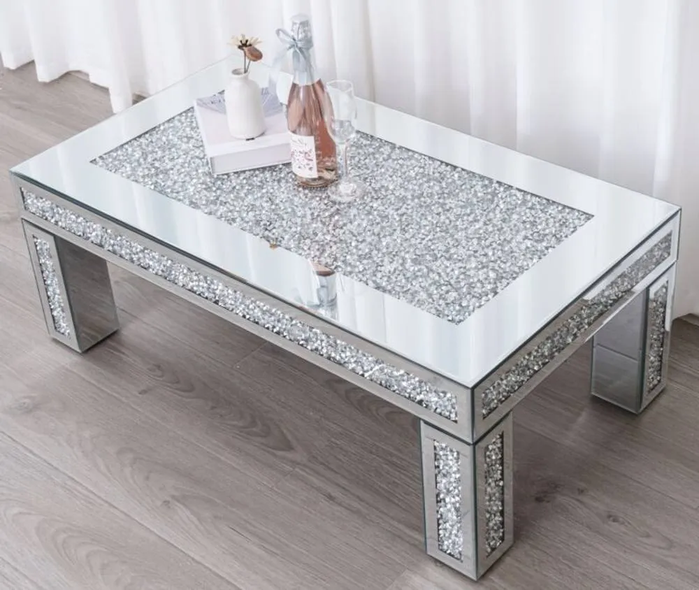 Comfy Living Ltd Rectangular Diamond Mirror Crystal Coffee Table in Silver 2